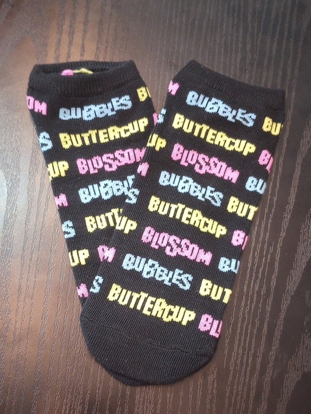 The Powerpuff Girls Black Ankle Socks with Colorful Text Pattern Size 4-10